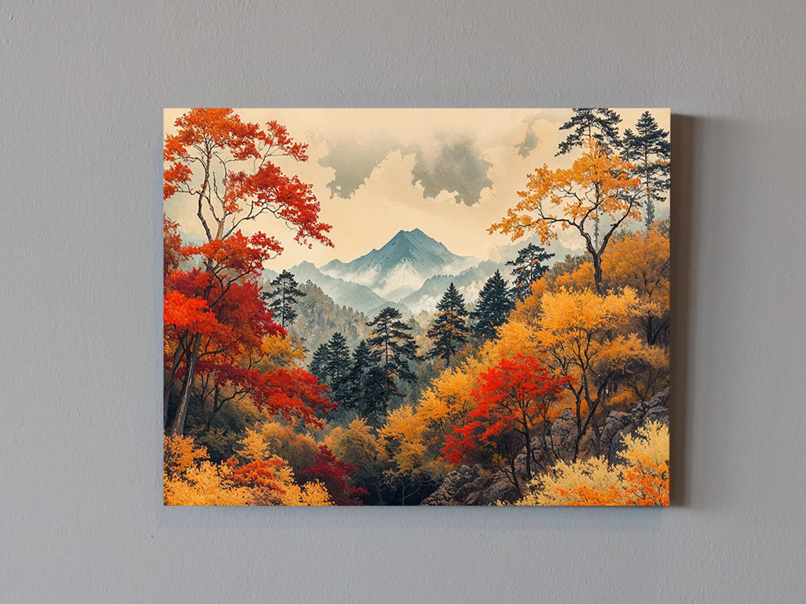 Japanese Autumn Forest Red Maples Misty Mountain Peak Fall Art Poster