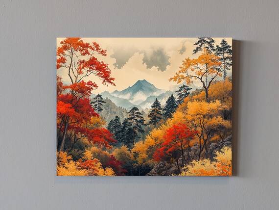 Japanese Autumn Forest Red Maples Misty Mountain Peak Fall Art Poster