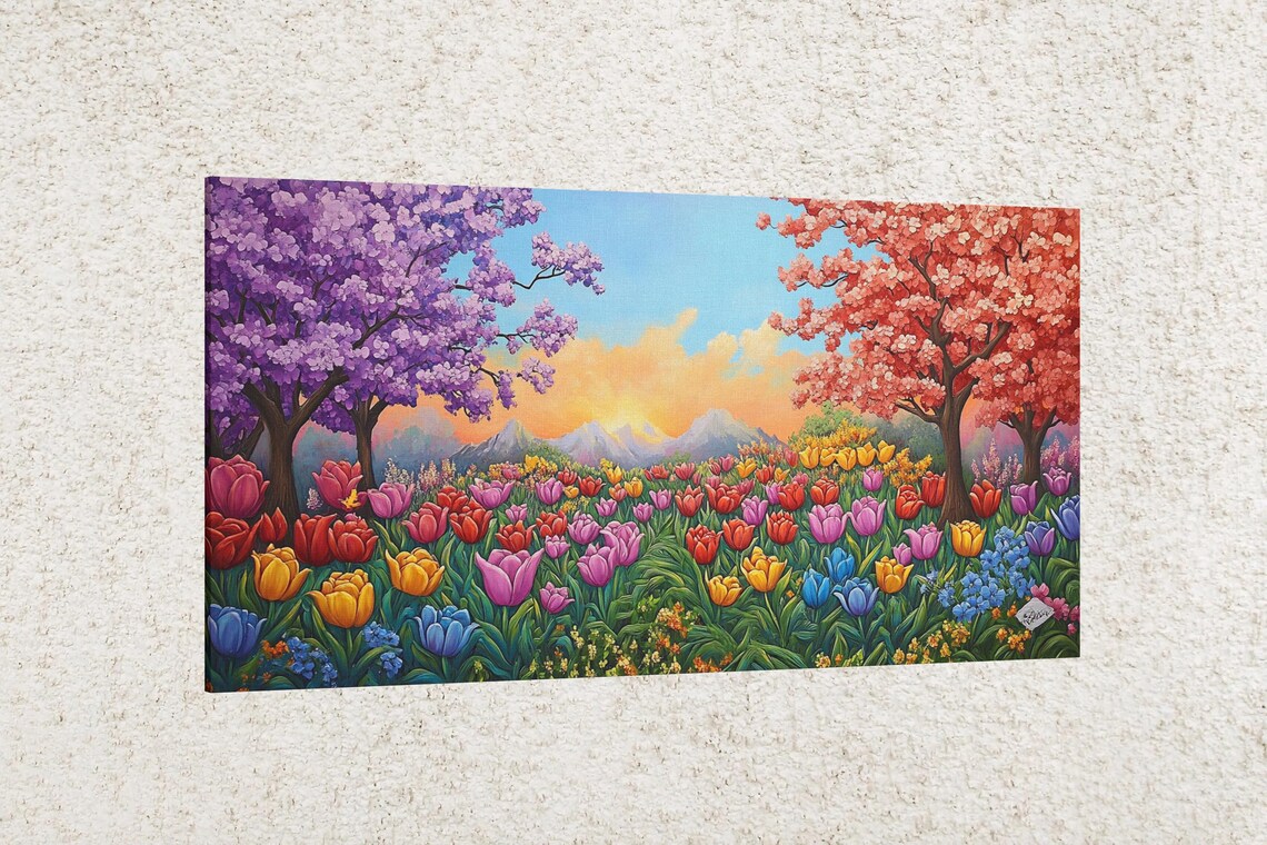 Tulip Field Blossom Trees Sunset Mountain Spring Floral Landscape Poster - Image 2