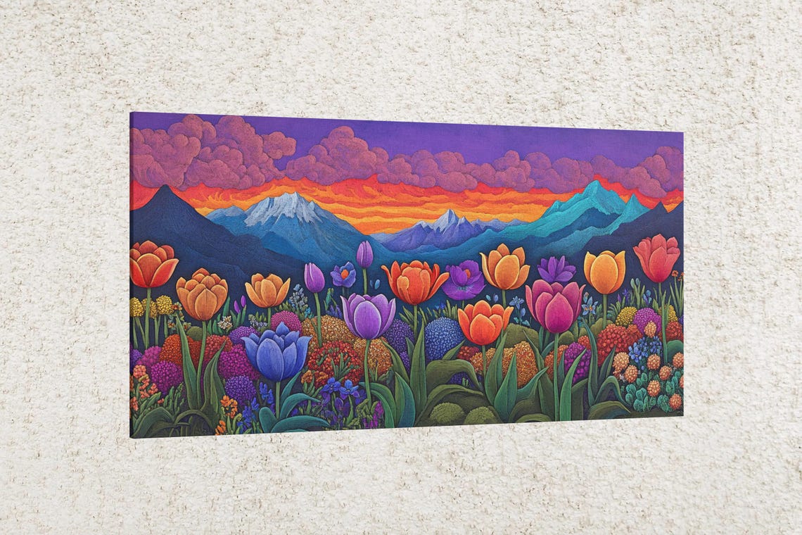 Tulip Symphony Colorful Mountain Sunset Flower Field Art Poster - Image 2