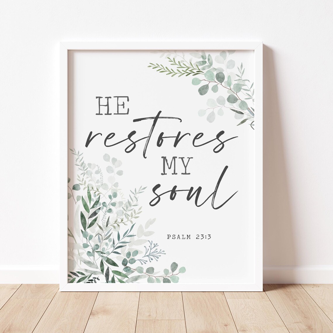 He Restores My Soul Psalm 23 Bible Verse Green Botanical Wall Art