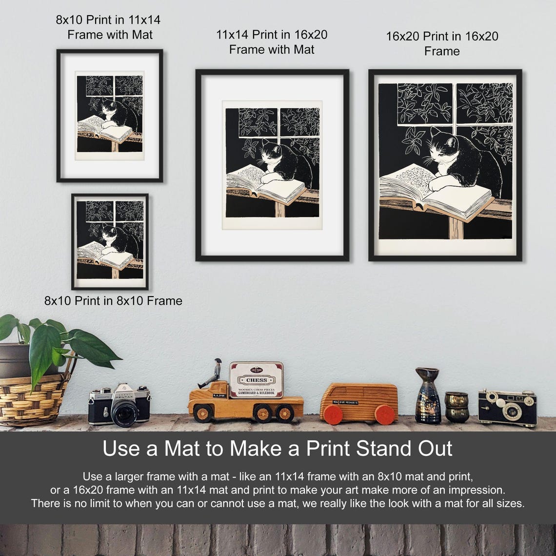 Tuxedo Cat Reading by Window Black White Linocut Book Lover Poster - Image 3
