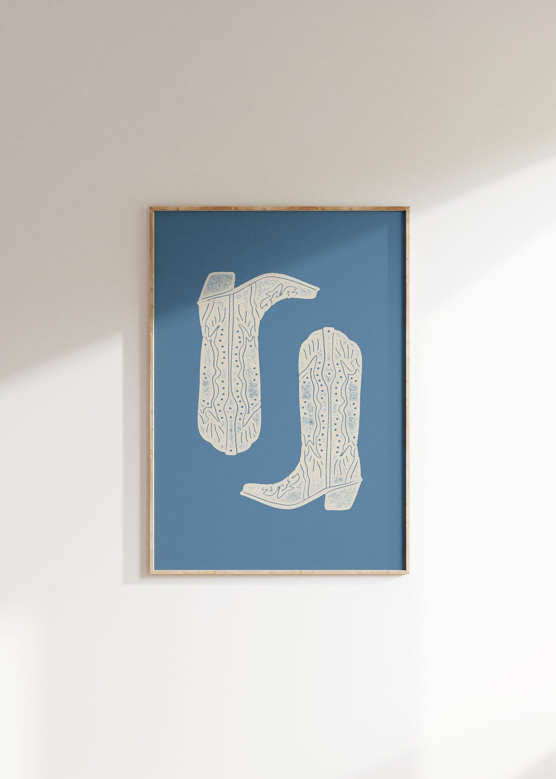 Cream Cowboy Boots Line Art On Dusty Blue Western Style Print