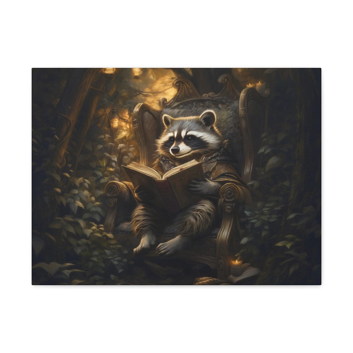 Raccoon Reading Book In A Moonlit Forest Chair Whimsical Poster - Image 2