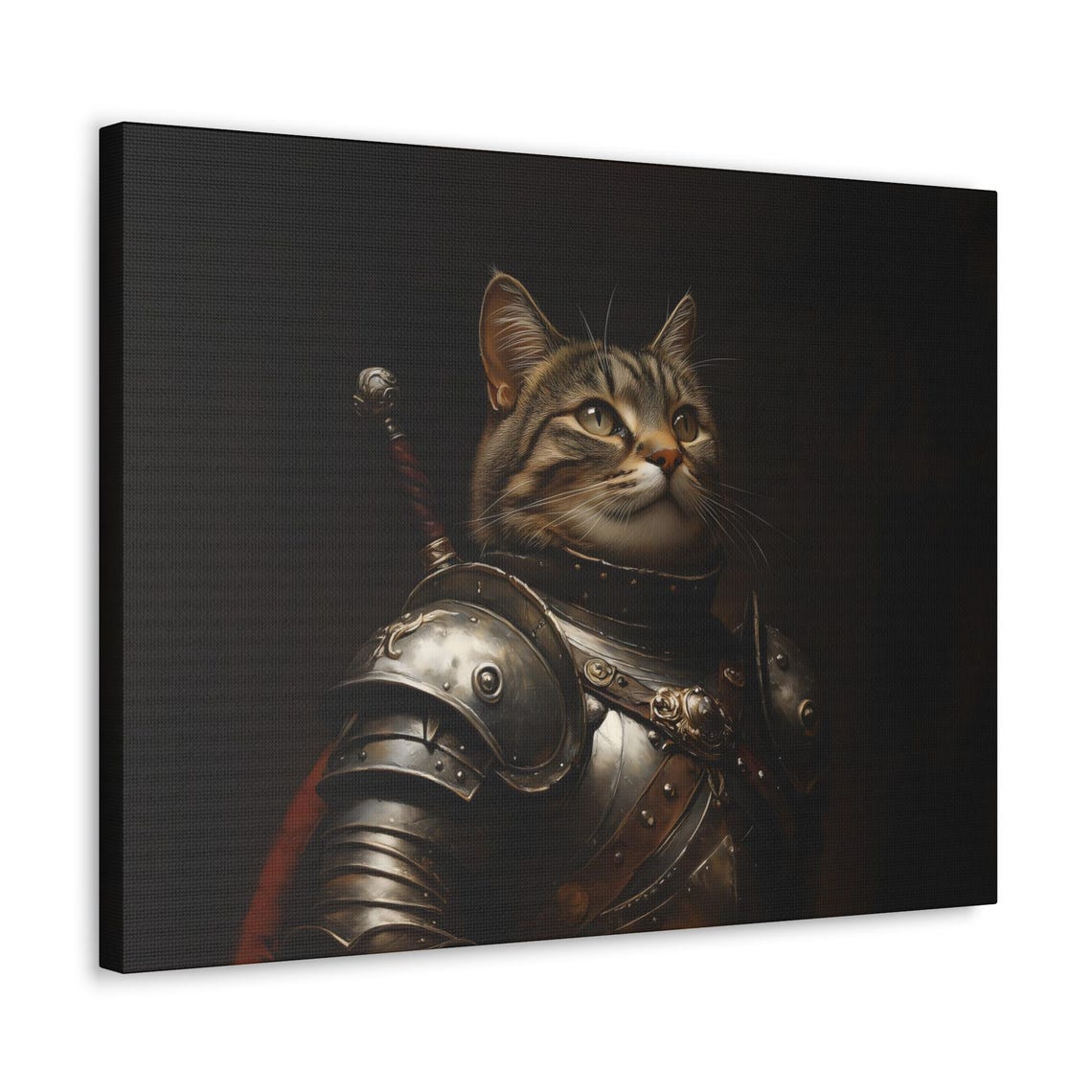 Tabby Cat Knight In Steel Armor With Sword Hilt Dark Portrait Poster