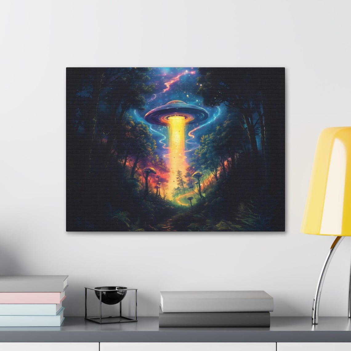 Flying Saucer Light Beam in Dark Mystic Mushroom Woods Poster - Image 2