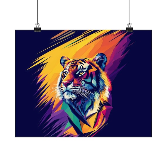 Tiger Head Geometric Pop Art Portrait Fierce Eyes Navy Background Jungle Poster