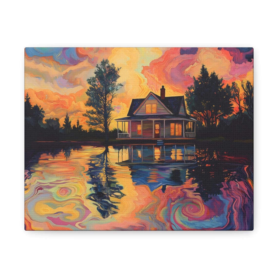 Sunset Lakehouse With Psychedelic Swirling Lake Reflection Art Print - Image 3