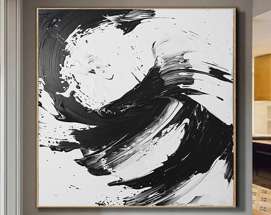 Black and White Monochrome Swirl Brushstroke Abstract Poster