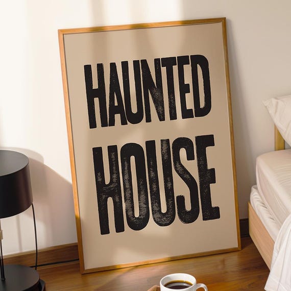 Haunted House Print Spooky Halloween Wall Art Gothic Typography Poster Creepy Minimalist