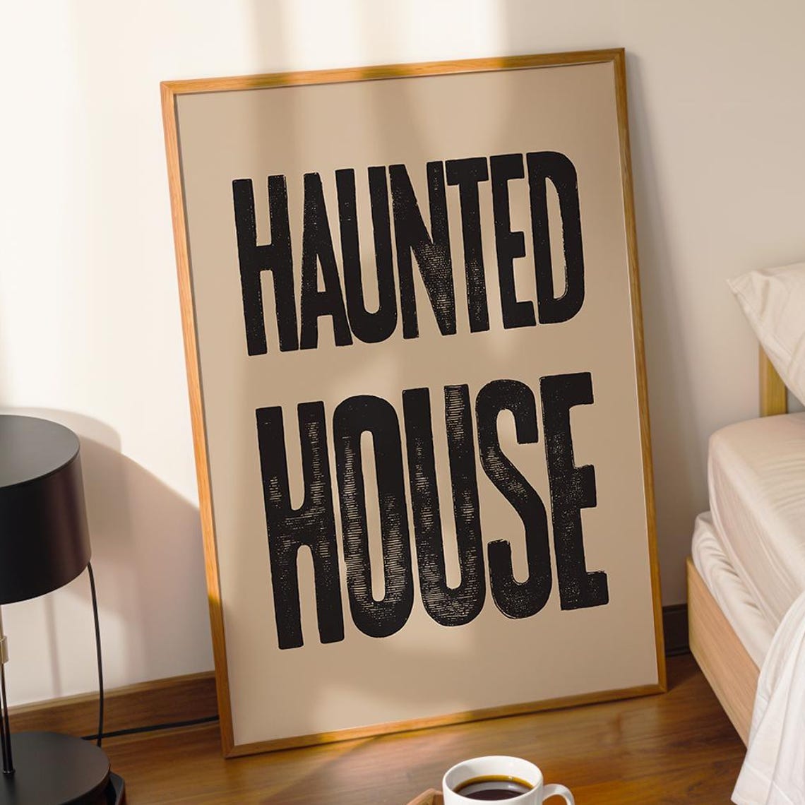 Haunted House Print Spooky Halloween Wall Art Gothic Typography Poster Creepy Minimalist