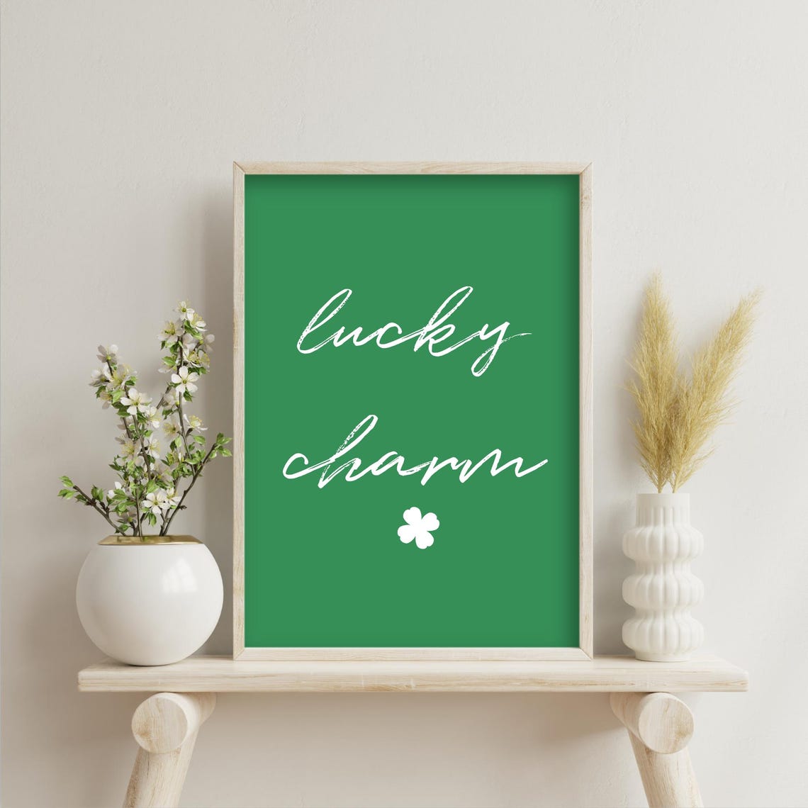 Lucky Charm Script Quote Four Leaf Clover Green St Patricks Day Poster