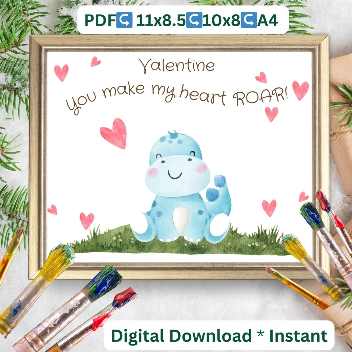 Valentine Dinosaur Handprint Art, Preschool Keepsake Print - Image 2