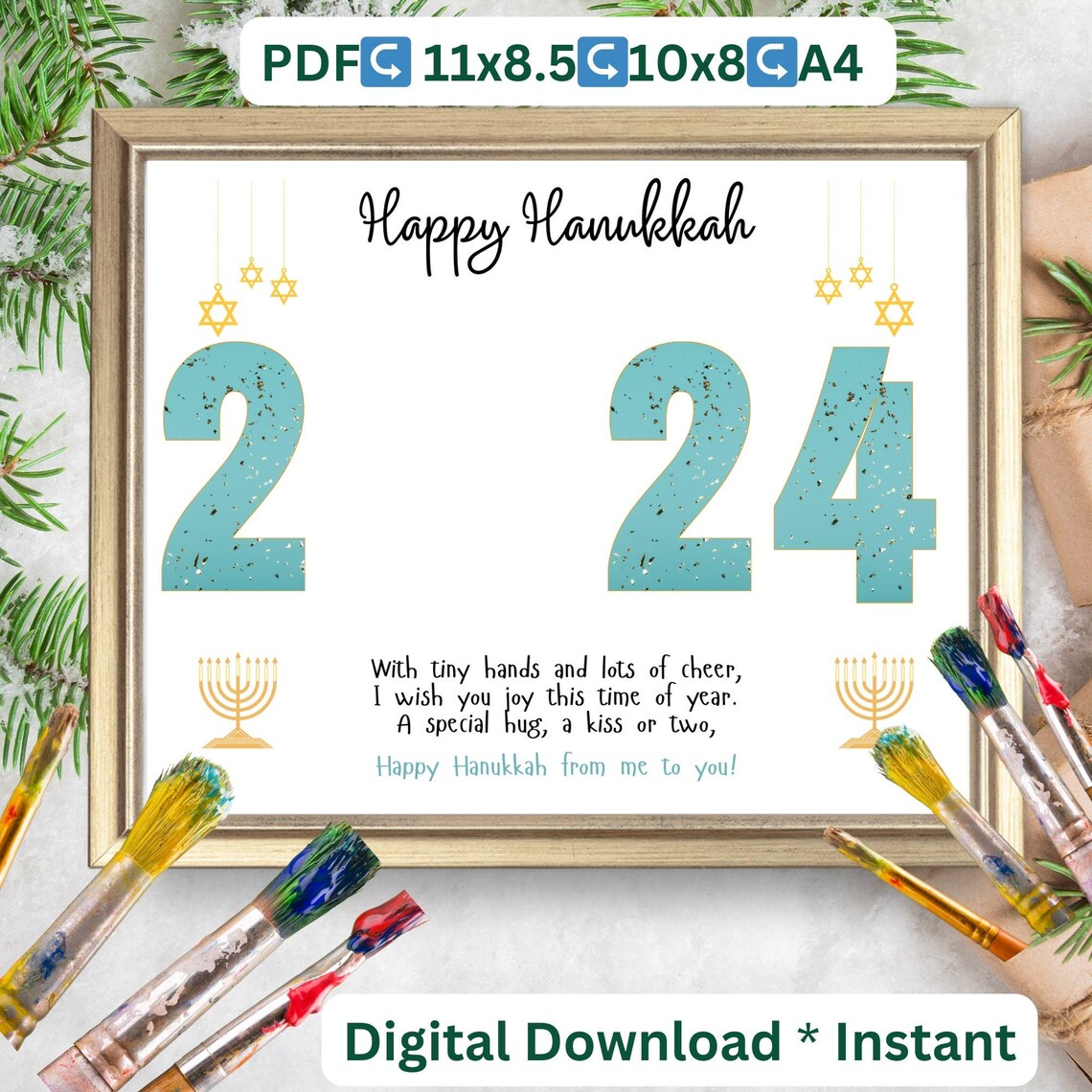 Happy Hanukkah 2024 Gold Handprint Poem Craft Holiday Keepsake Poster - Image 2