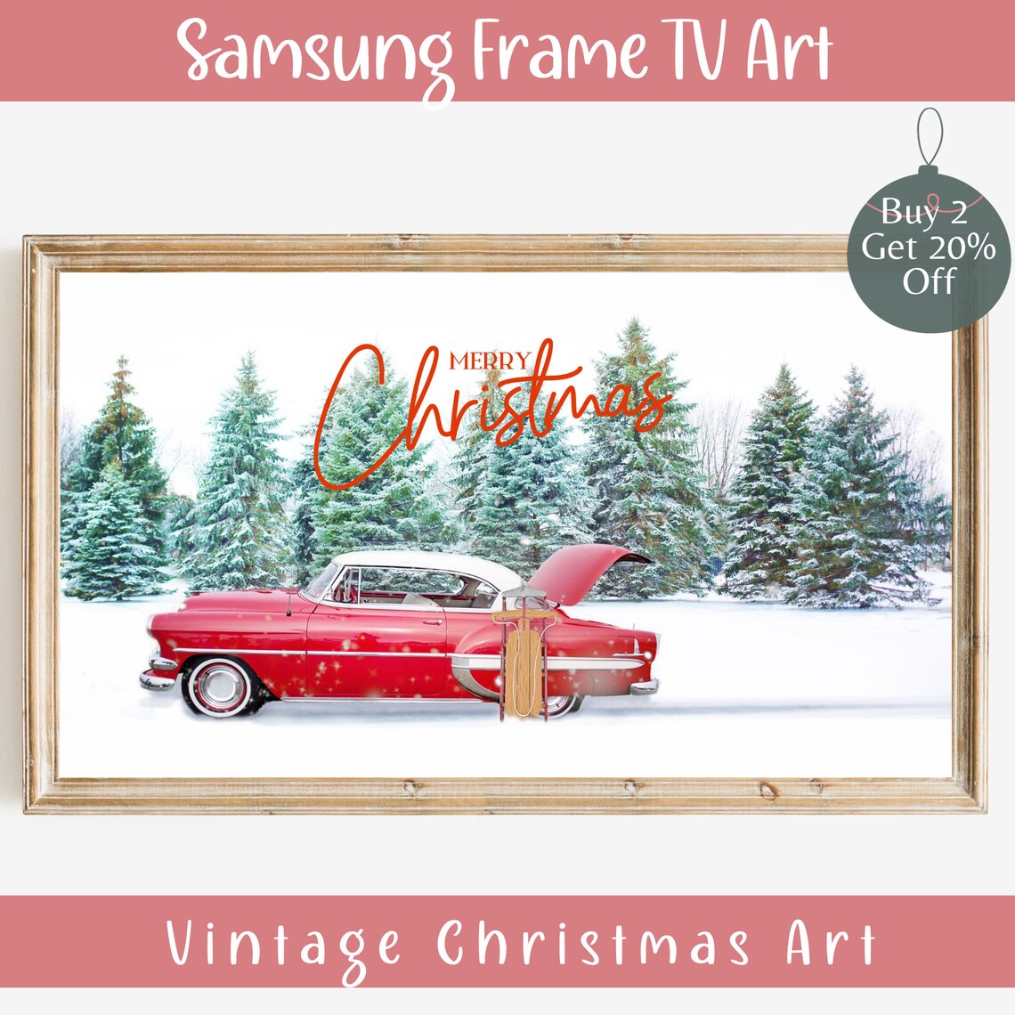 Merry Christmas Vintage Red Car Snowy Pines Frame TV Art Winter Print