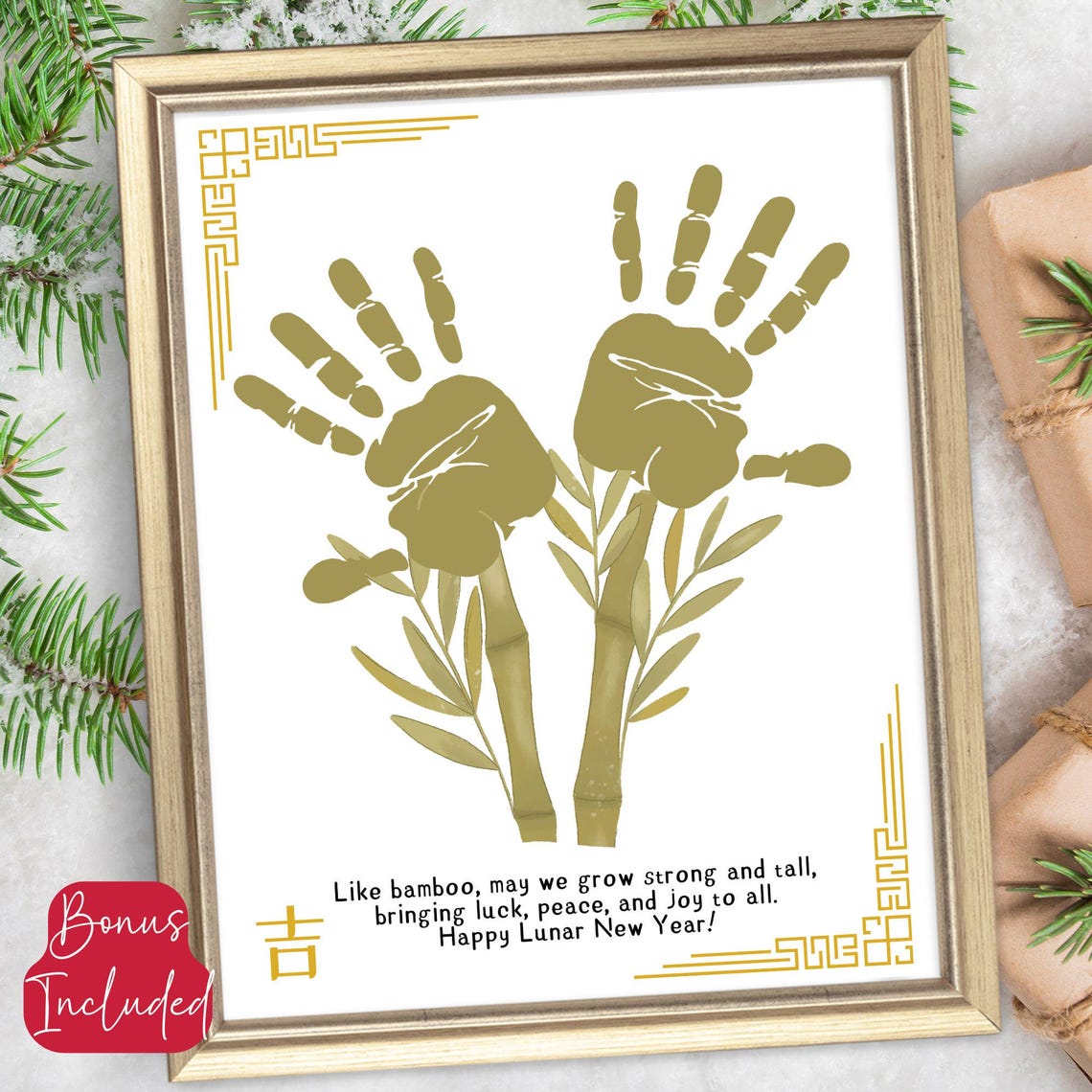 Happy Lunar New Year Bamboo Handprint Craft Poem Keepsake Poster