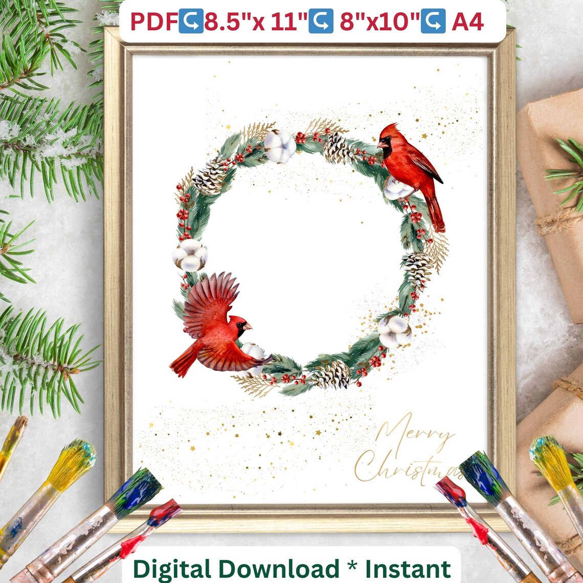 Christmas Wreath Handprint Art, Winter Cardinal Keepsake - Image 2
