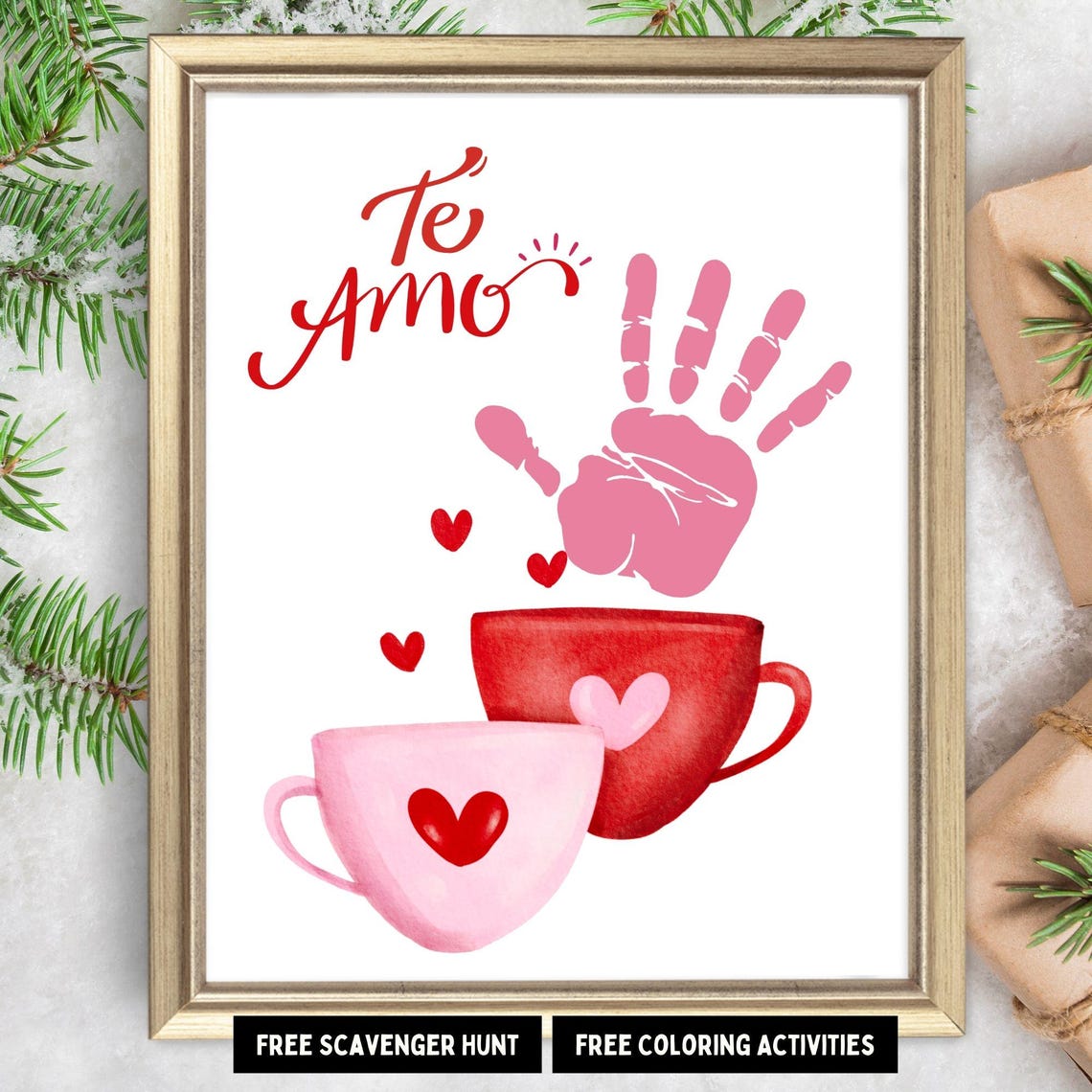 Te Amo Valentine Coffee Cups Handprint Craft Love Keepsake Poster