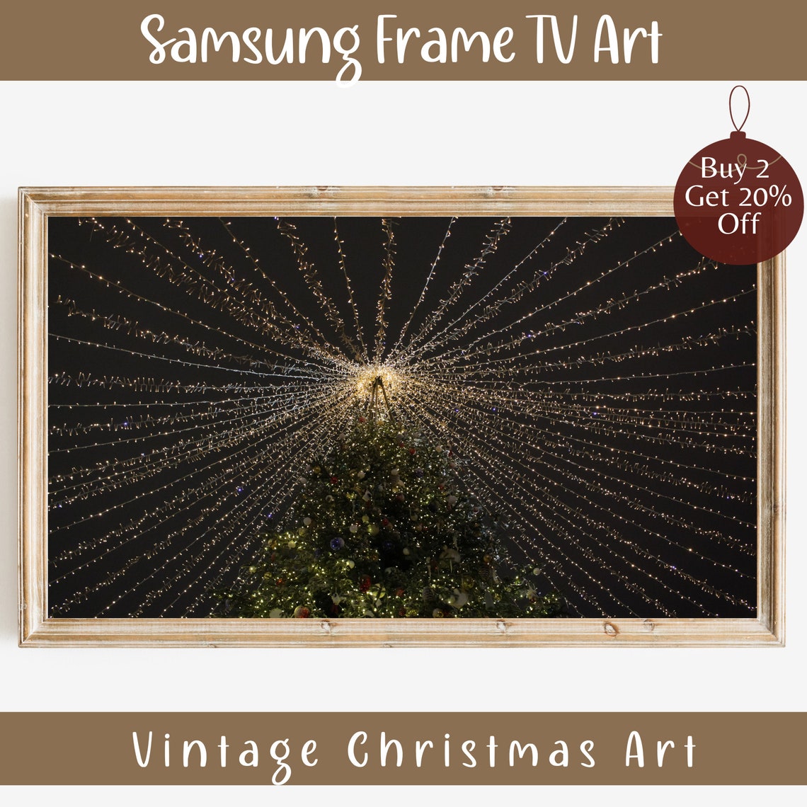 Christmas Tree Top Night Sky String Lights Vintage Frame TV Art Print