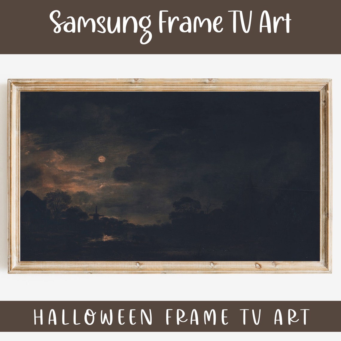 Halloween Moonlit Night Windmill Silhouette Moody Vintage Spooky Print