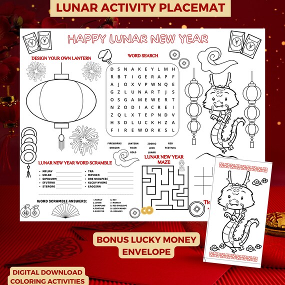 Lunar New Year Placemat Activity Kid Chinese New Year Coloring Sheets Lunar New Year Red Money Envelope Year Of The Dragon 2024