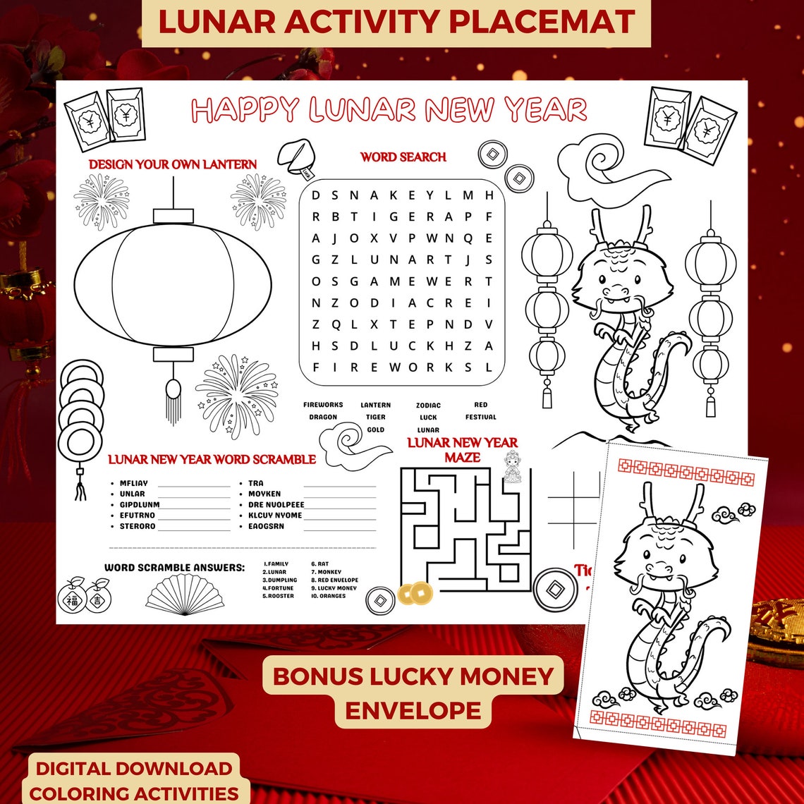 Happy Lunar New Year Activity Placemat Coloring Word Search Kids Print