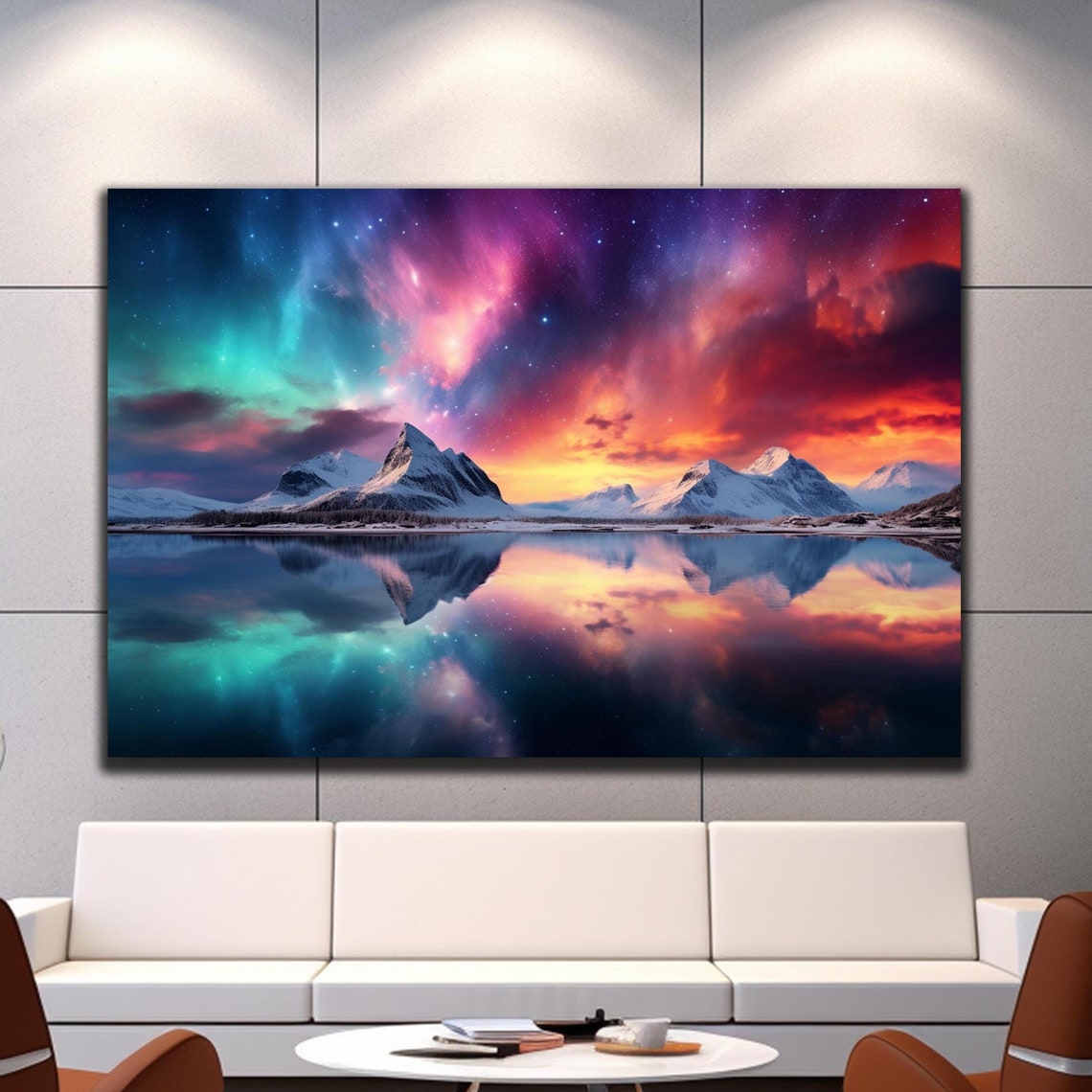 Northern Lights Snowy Mountains Lake Reflection Vivid Aurora Poster