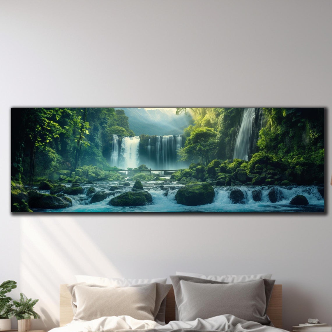 Lush Green Waterfall Gorge Mossy Rocks Crystal Stream Panoramic Poster