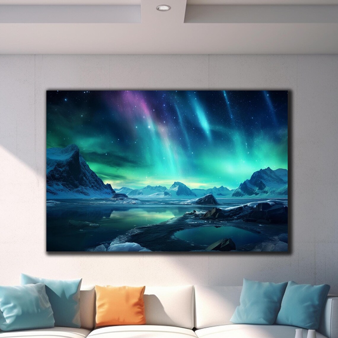 Aurora Borealis Icy Shoreline Starry Night Sky Mountain Vista Poster