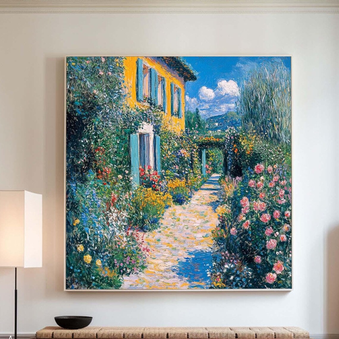 Original Garden Painting Flower Texture Painting On Blue Yellow Wall Art Abstract Flower Art Fashion Decor Luxurious Floral Art