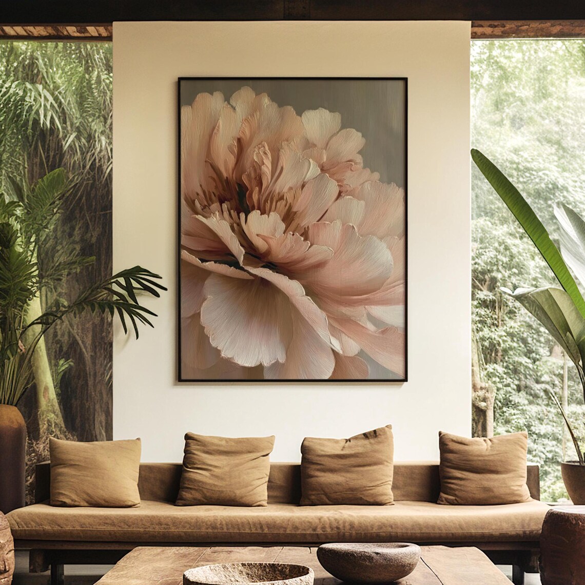 Soft Blush Peony Bloom Closeup Textured Impasto Floral Oil Art Poster