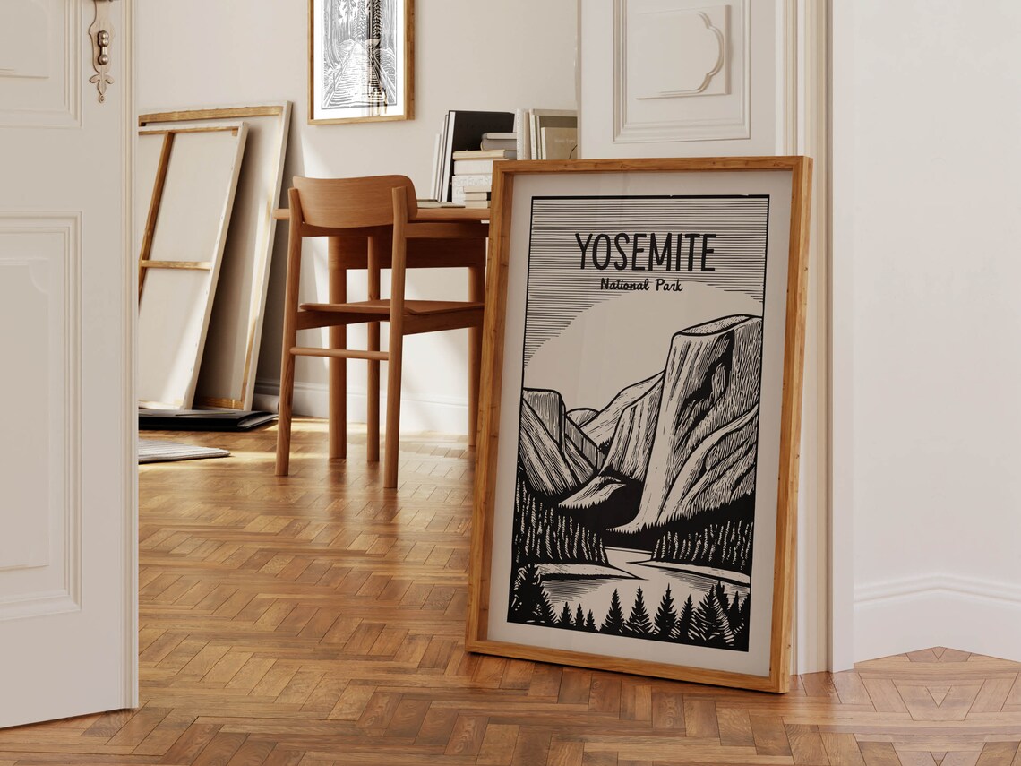 Yosemite Woodcut Travel Print, Retro California View - Image 2