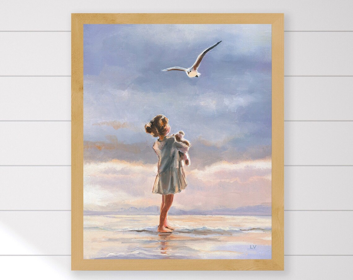 Little Girl With Seagull On Beach Oil Painting Childhood Art Poster - Image 6