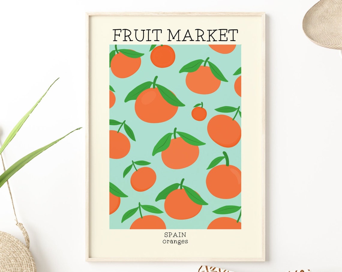 Spain Oranges Fruit Market Retro Citrus Pattern Kitchen Poster