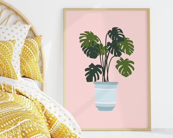 Pink Plant Print Monstera Wall Art Unframed Illustration Pastel Decor Bathroomhallwaybedroom Art