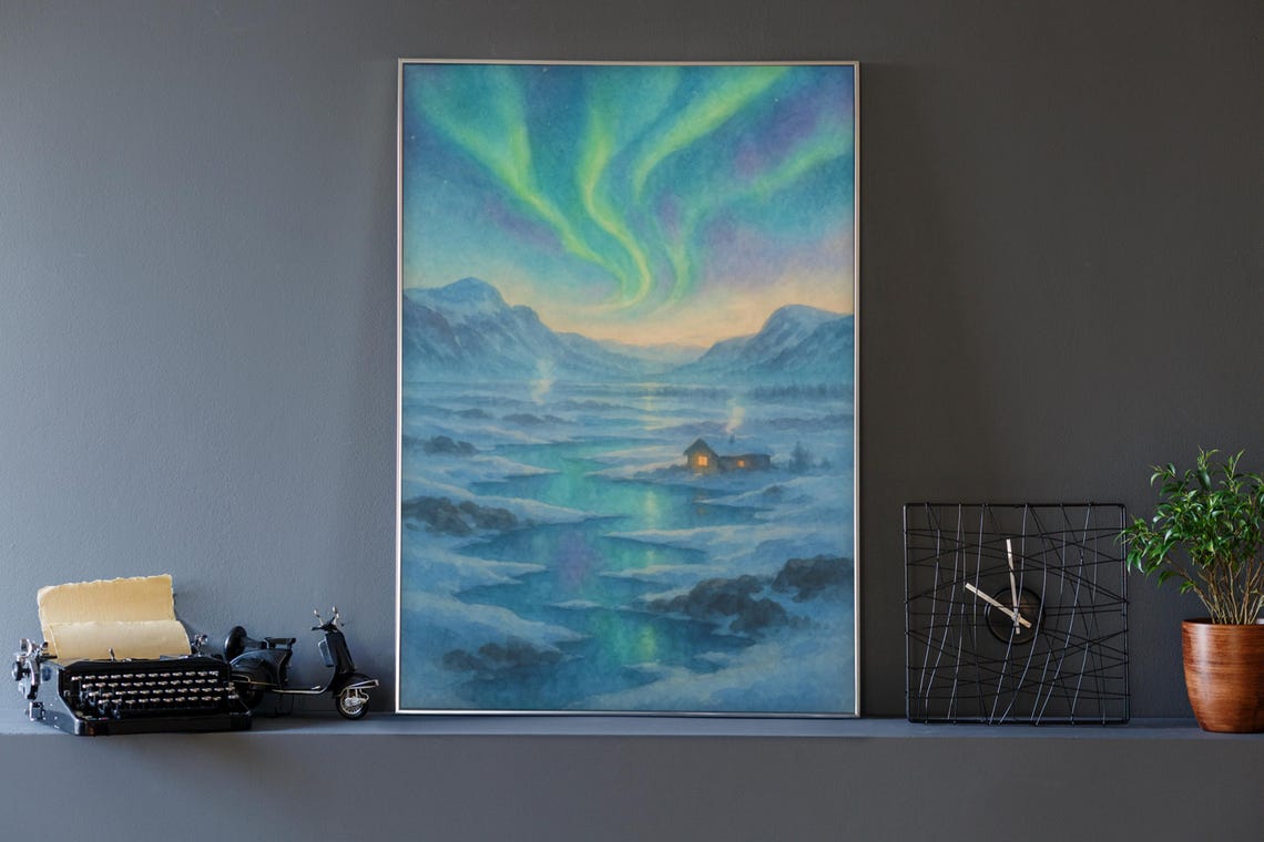 Iceland Northern Lights Aurora Over Snowy Mountains Cabin Art Print