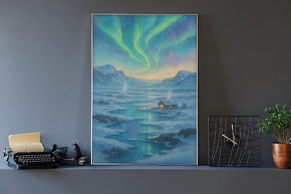 Iceland Northern Lights Aurora Over Snowy Mountains Cabin Art Print