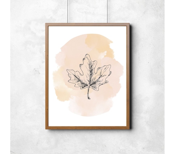 Oak Leaf Line Art Blush Watercolor Botanical Wall Decor Poster