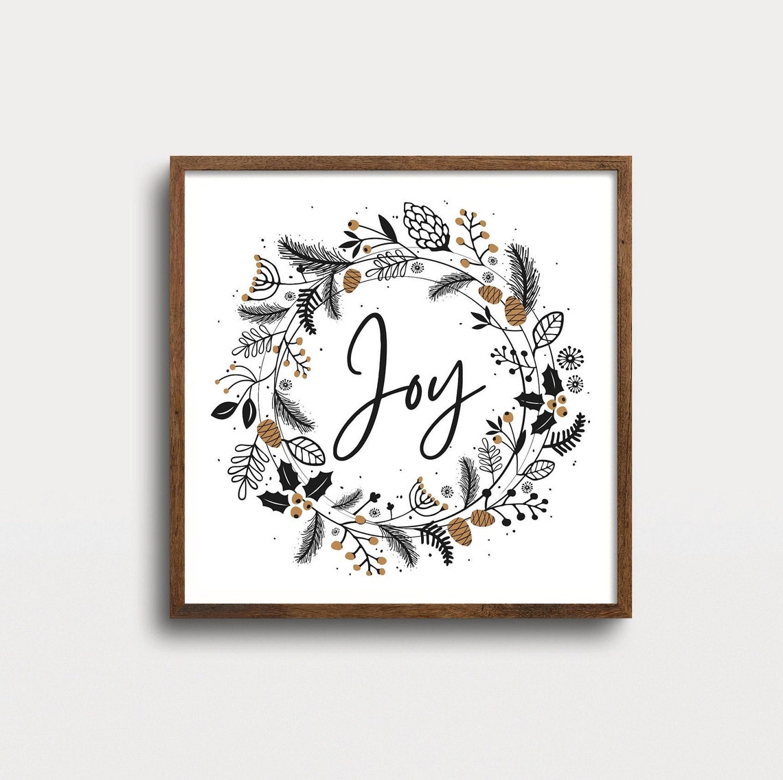 Joy Script Botanical Wreath Gold Holiday Art Wall Decor Poster - Image 4