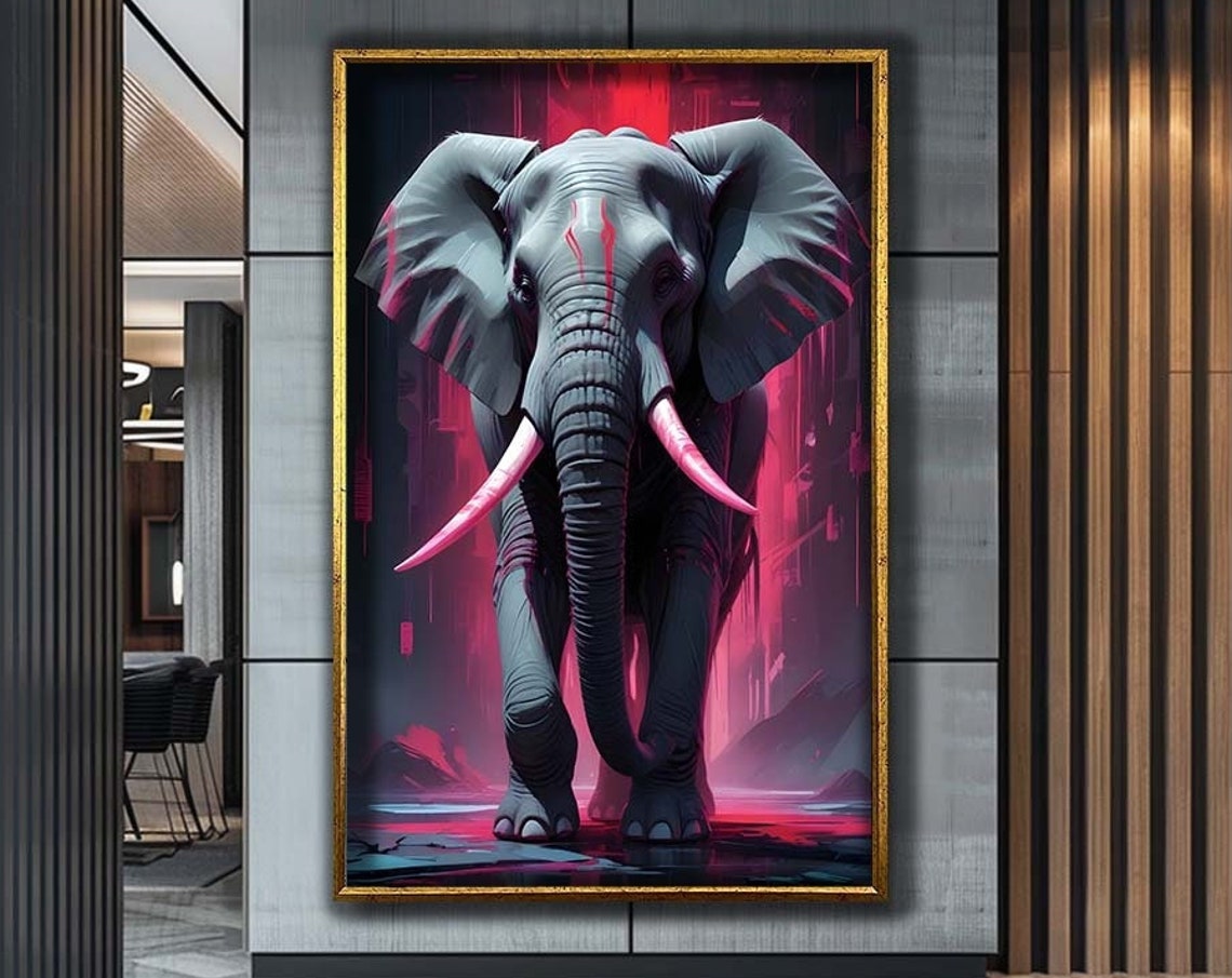 Dramatic Neon Elephant Stylized Wildlife Digital Art Wall Print