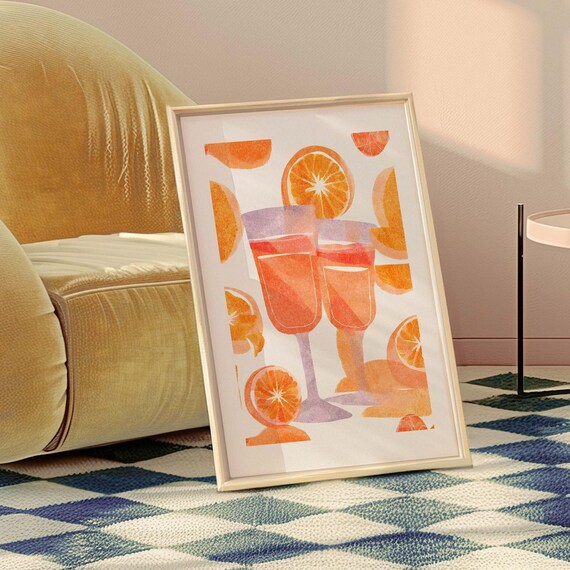 Aperol Spritz Glasses Orange Slices Watercolor Cocktail Wall Art