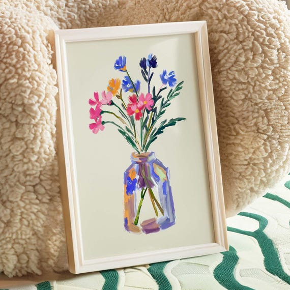 Farmhouse Wall Art Wildflower Vase Watercolor Print Matisse Garden Poster Digital Download