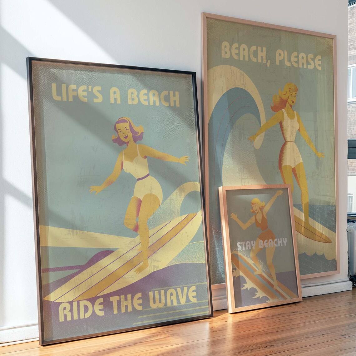 Coastal Cowgirl Surf Poster Set, Retro Beachy Poster