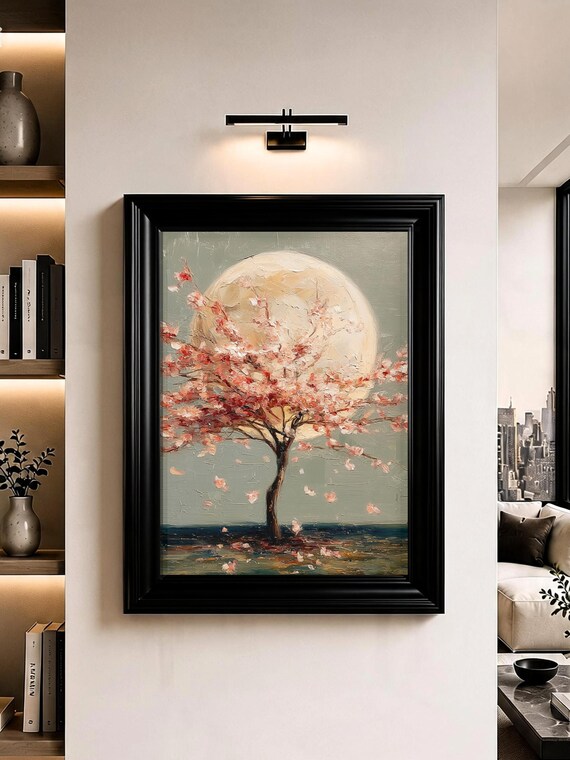 Cherry Blossom Tree Wall Art Full Moon Japanese Oil Painting Print