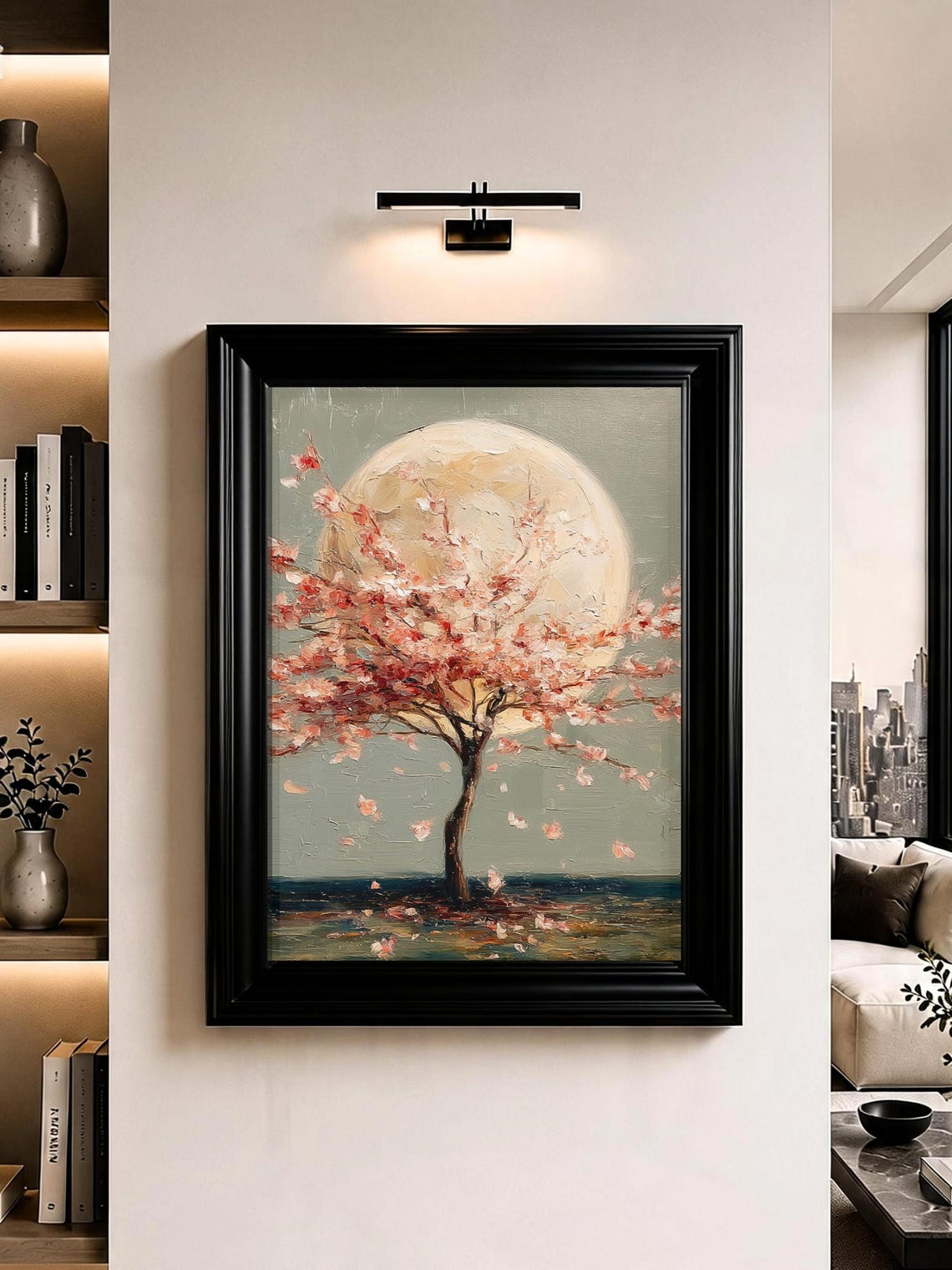 Cherry Blossom Tree Wall Art Full Moon Japanese Oil Painting Print