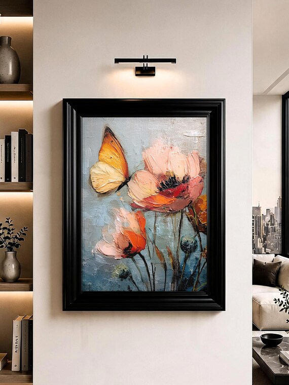 Butterfly Floral Wall Art Poppy Flowers Oil Painting Print