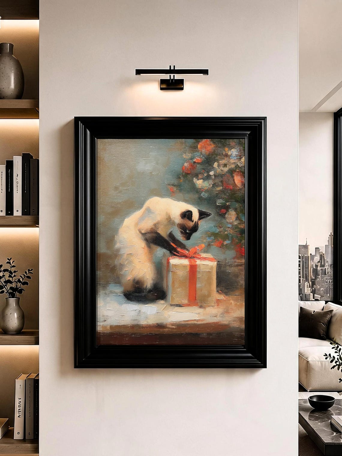 Siamese Cat Christmas Wall Art Festive Pet Oil Painting Print