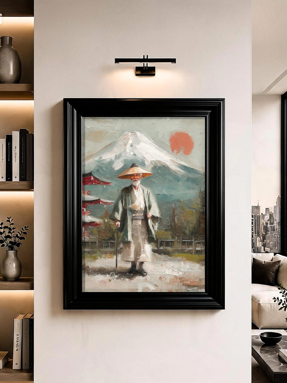 Japanese Wise Elder Man Mount Fuji Pagoda Oil Painting Poster