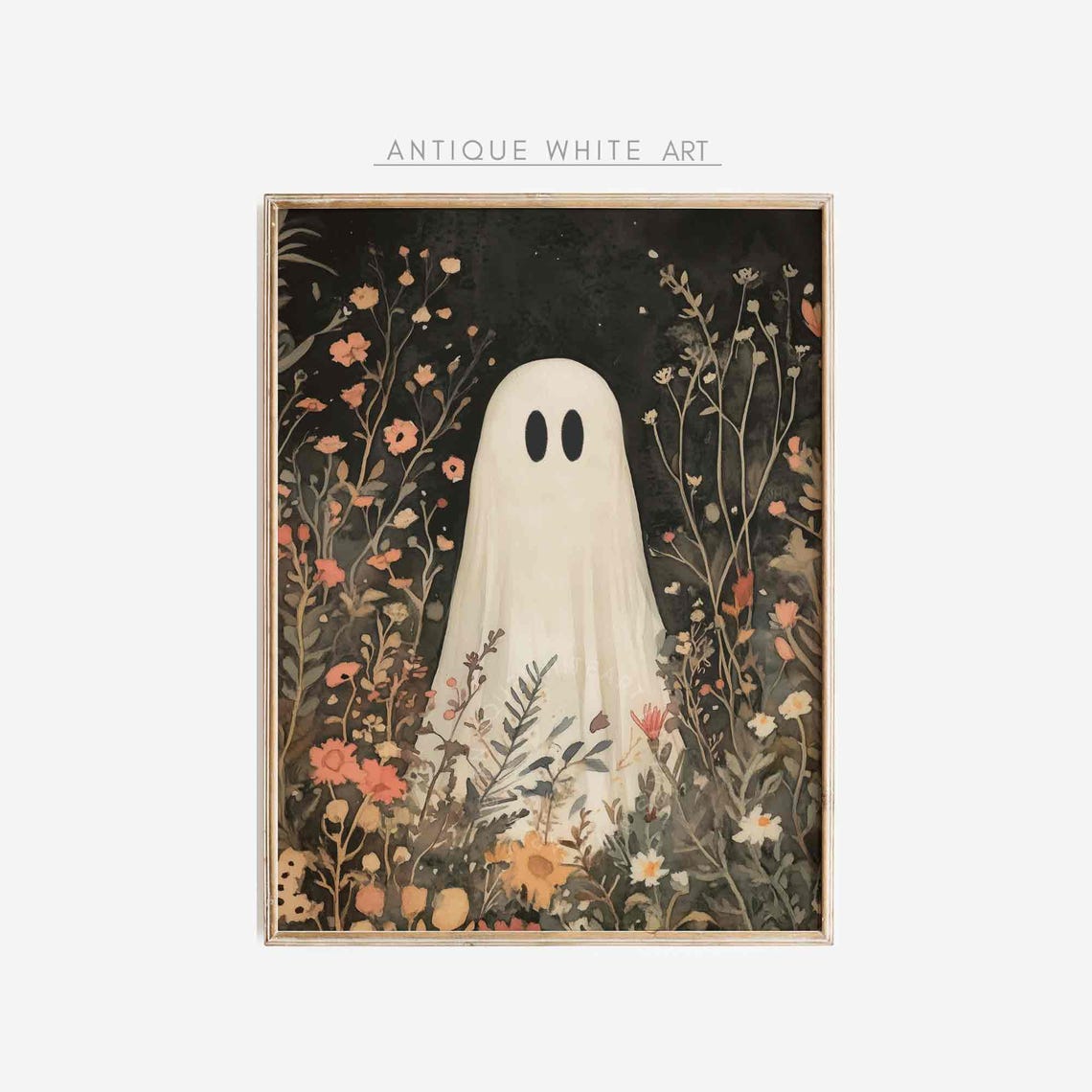 Halloween Wall Art Dark Halloween Prints Cute Ghost In A Wildflowers Painting Farmhouse Fall Prints Print A337