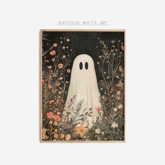 Halloween Wall Art Dark Halloween Prints Cute Ghost In A Wildflowers Painting Farmhouse Fall Prints Print A337